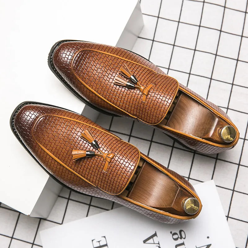 Men's black slip-on loafers with pointed toe and tassel detail, business style artificial PU shoes