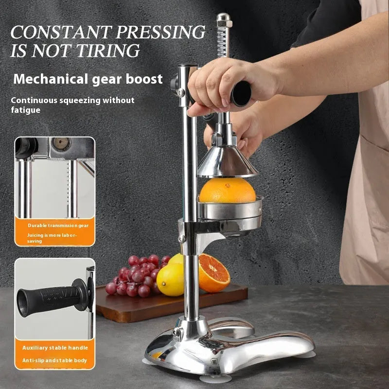 Vertical stainless steel manual citrus juicer shown in a choice of colours and with pointed tip, flat top, and double headed style options.