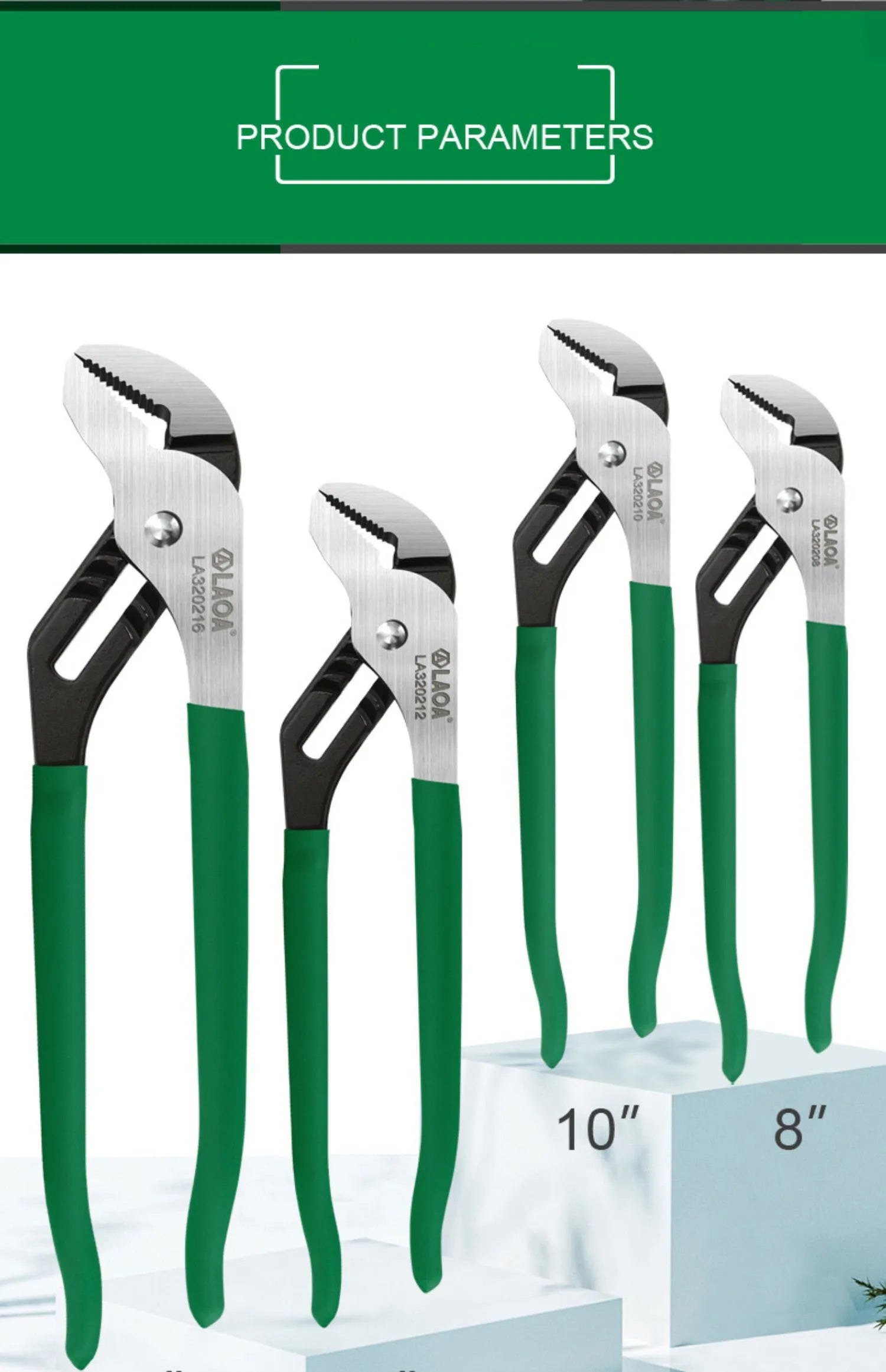 Adjustable CR-V steel pipe wrench with viscous plastic handle, shown in various sizes on a workbench.