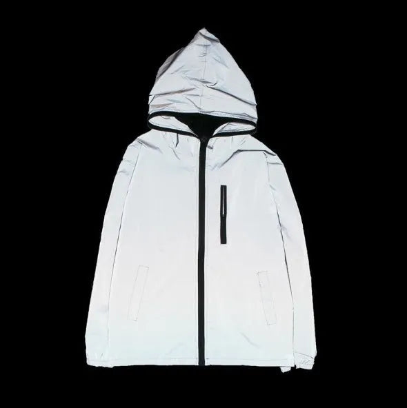 Men's full reflective windbreaker jacket in grey with hooded stand collar and zipper closure