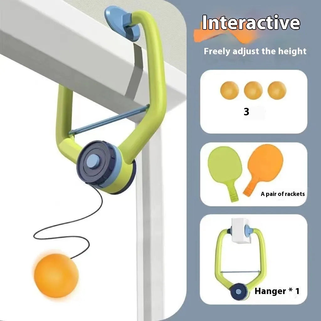 Children's table tennis ball trainer with ABS clip attached to a door frame, including three table tennis balls