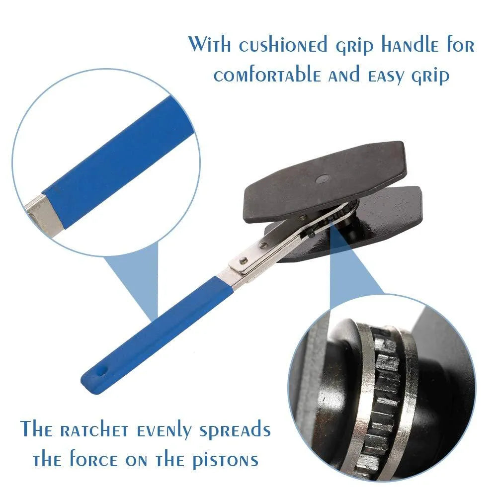 Black stainless steel brake caliper press with ratchet mechanism, 270mm length, on a workshop bench