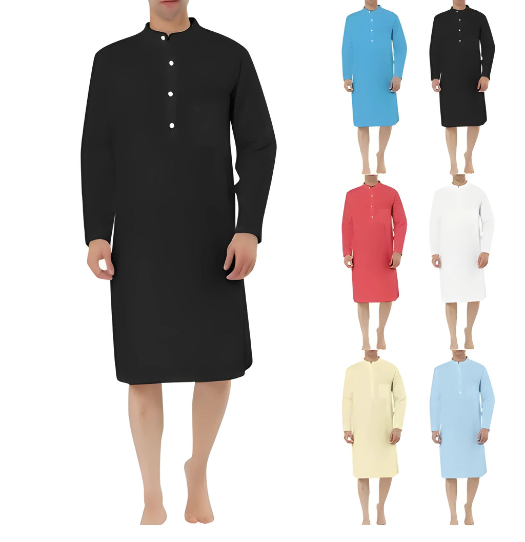 Men's cotton shirt robe with multiple pockets shown in available colours with shirt-style closure