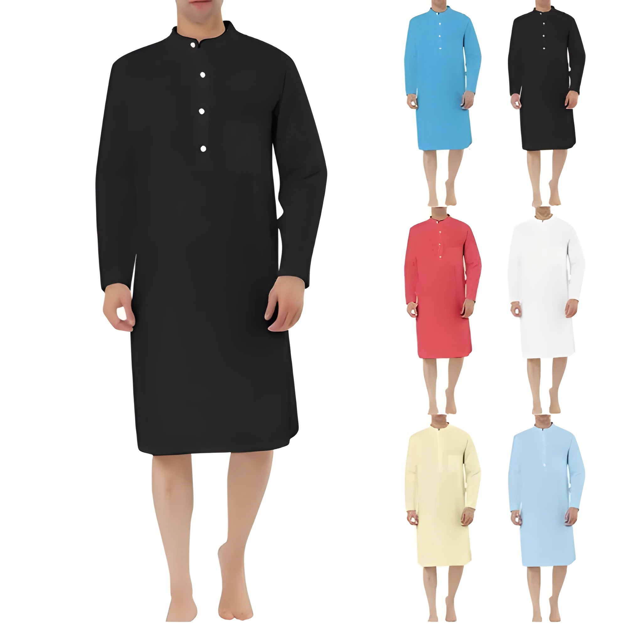 Men's cotton shirt robe with multiple pockets shown in available colours with shirt-style closure