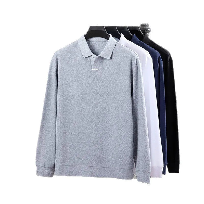 Men's loose fit cotton polo shirt in grey with lapel collar and long sleeves on a mannequin.