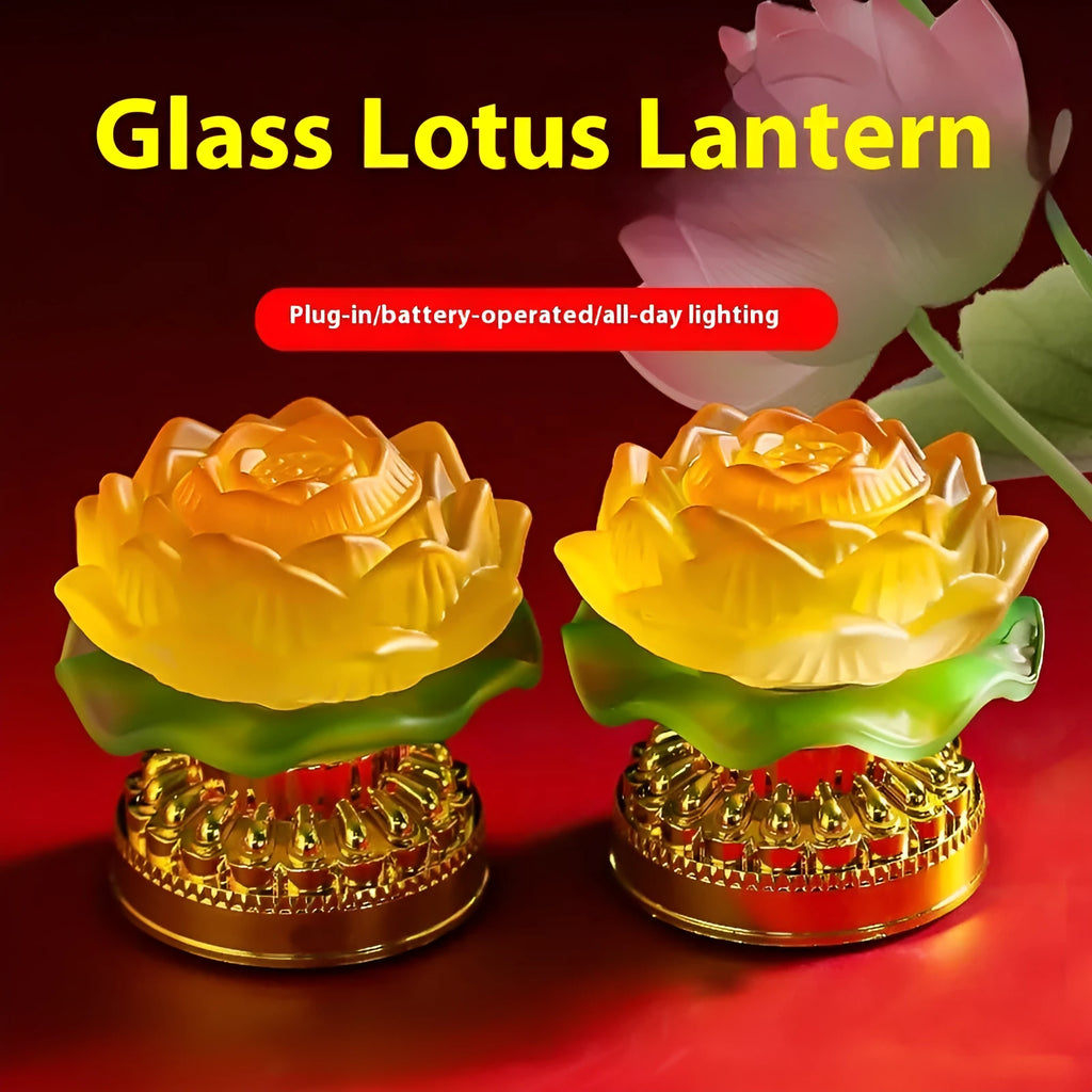 Yellow Chinese style lotus lamp with Buddha design and ABS plastic construction