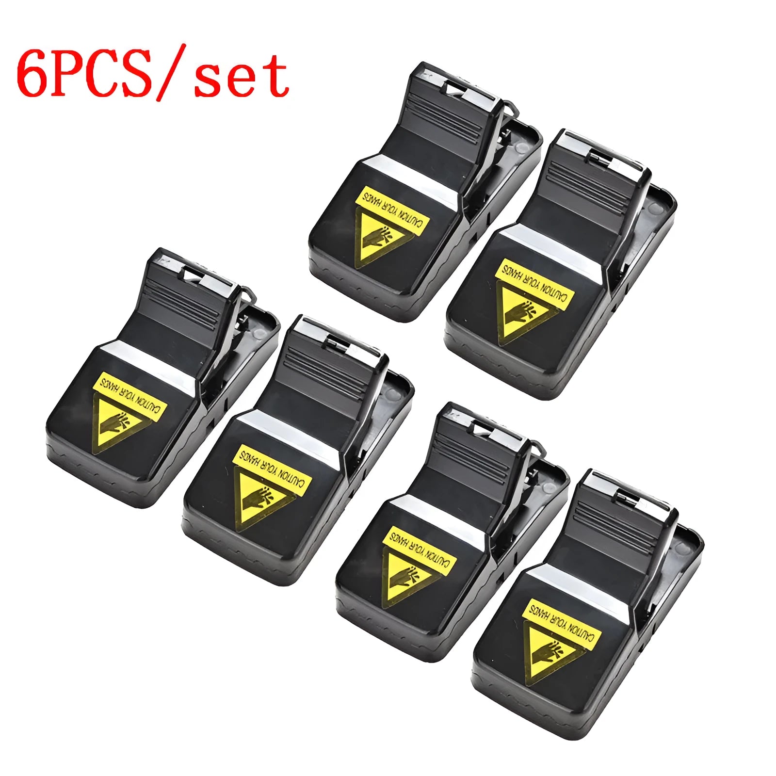 Six black snapping mousetraps showing PC+ABS plastic construction and bite-type mechanism