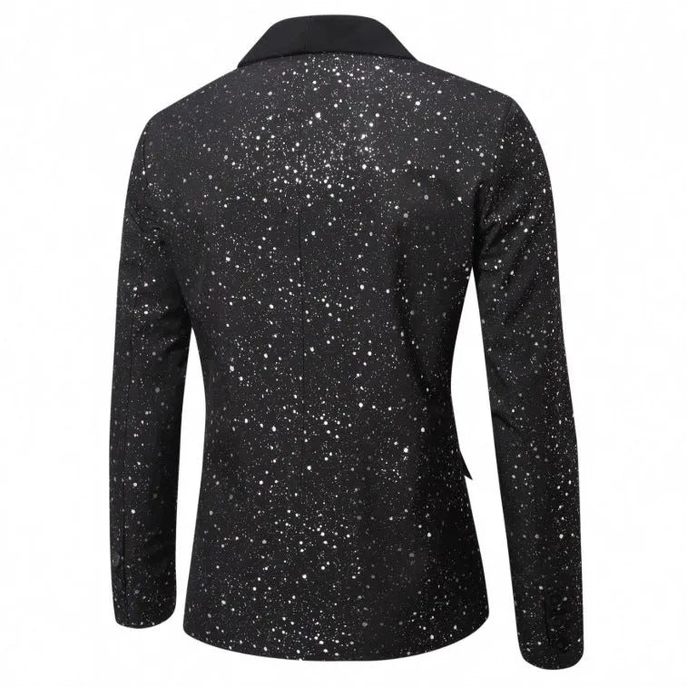 Men's black shiny polyester blazer with straight hem, long sleeves, regular fit, formalwear for weddings and banquets