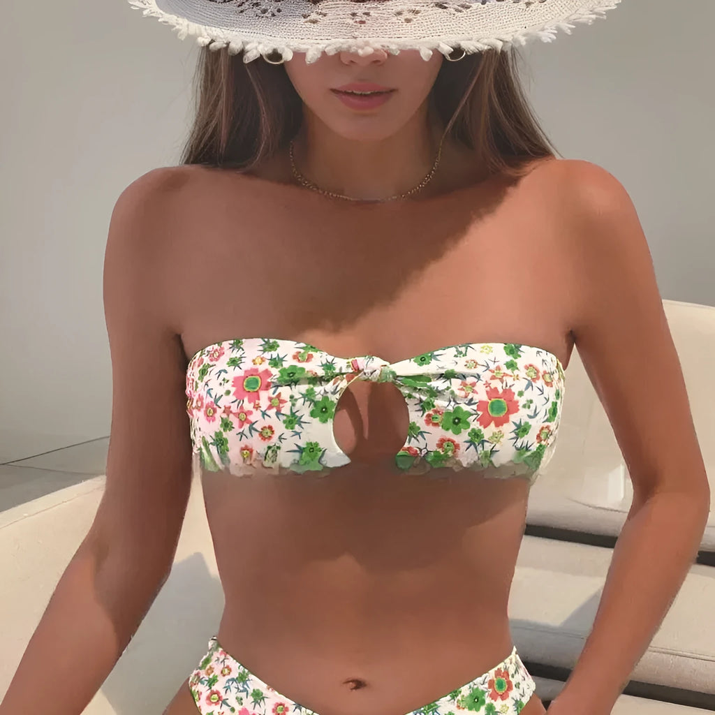 New flower swimwear women bikini set split bandeau top bottom polyester floral print blue flowers size S M L