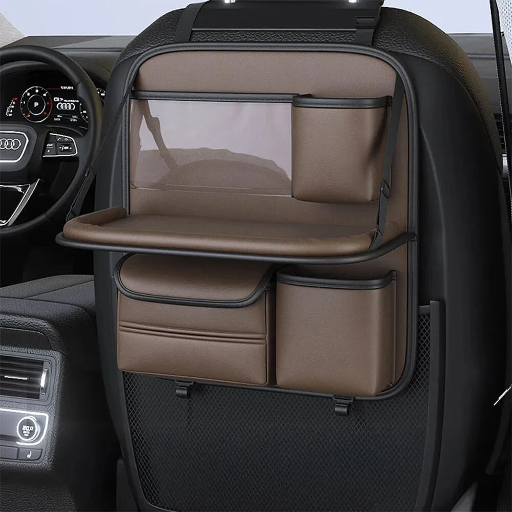 Car seat back storage bag with foldable dining table in waterproof leather construction