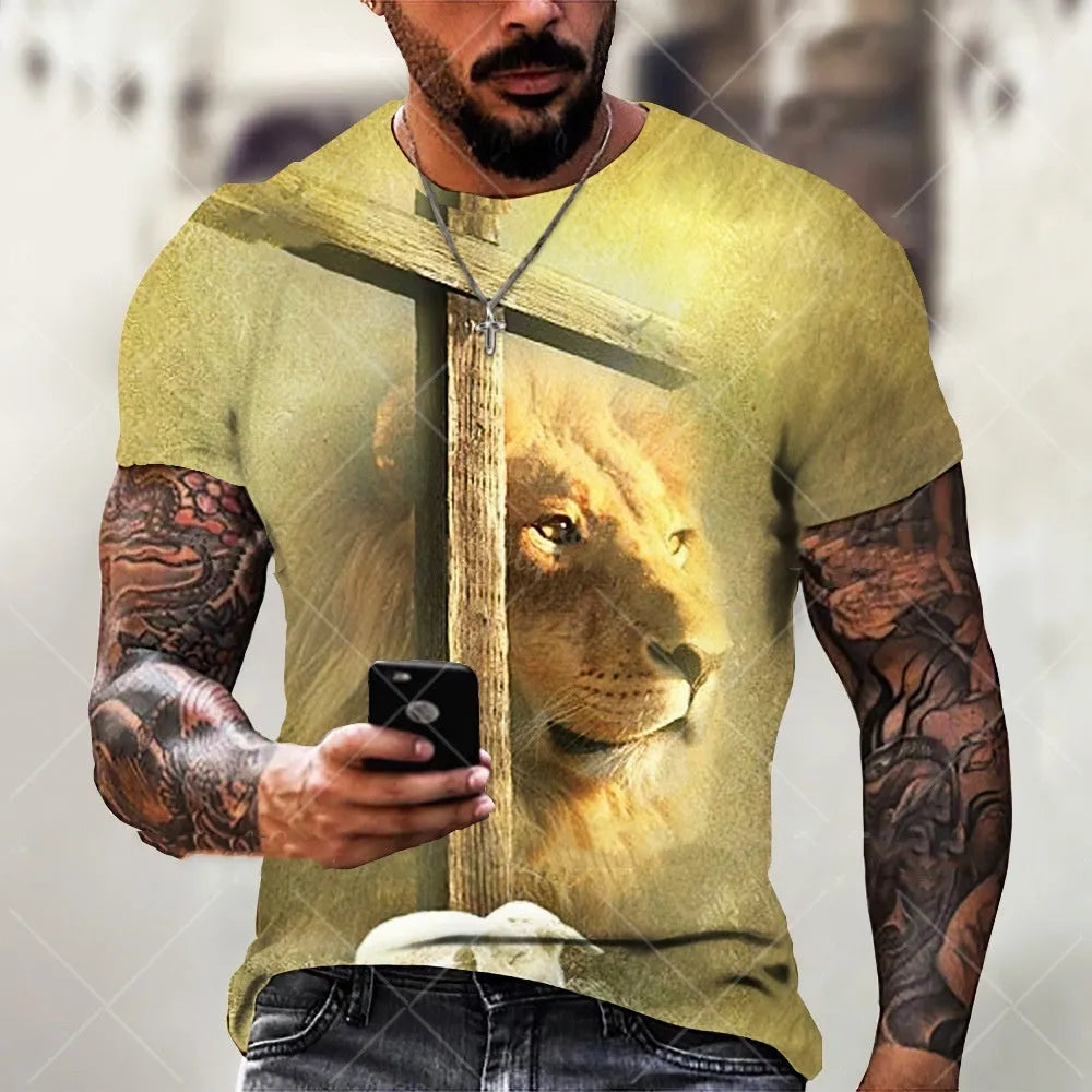 3D printed Jesus pattern men's T-shirt in bird eye cloth polyester with short sleeves