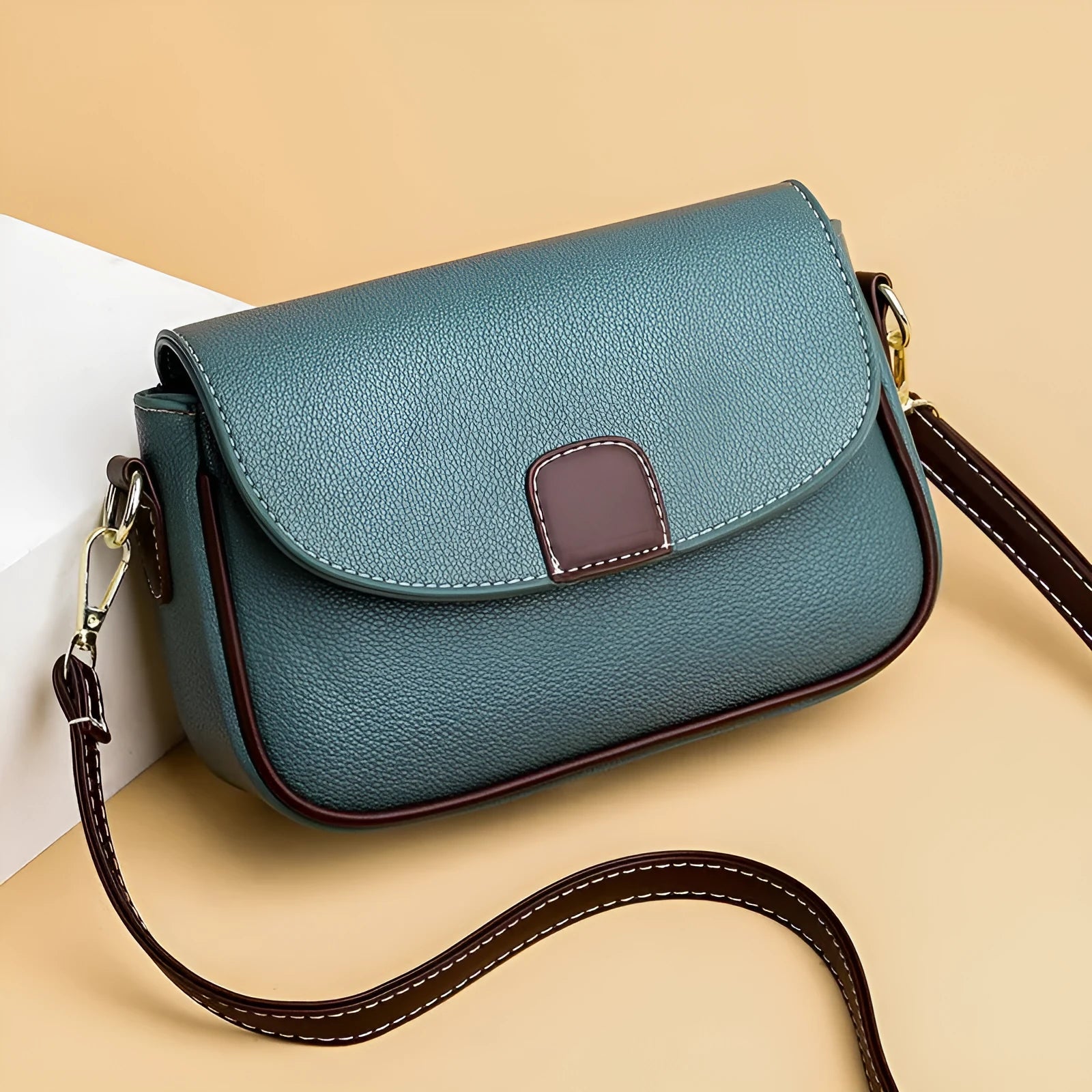 Flap shoulder bag for women in khaki, small square crossbody with adjustable strap