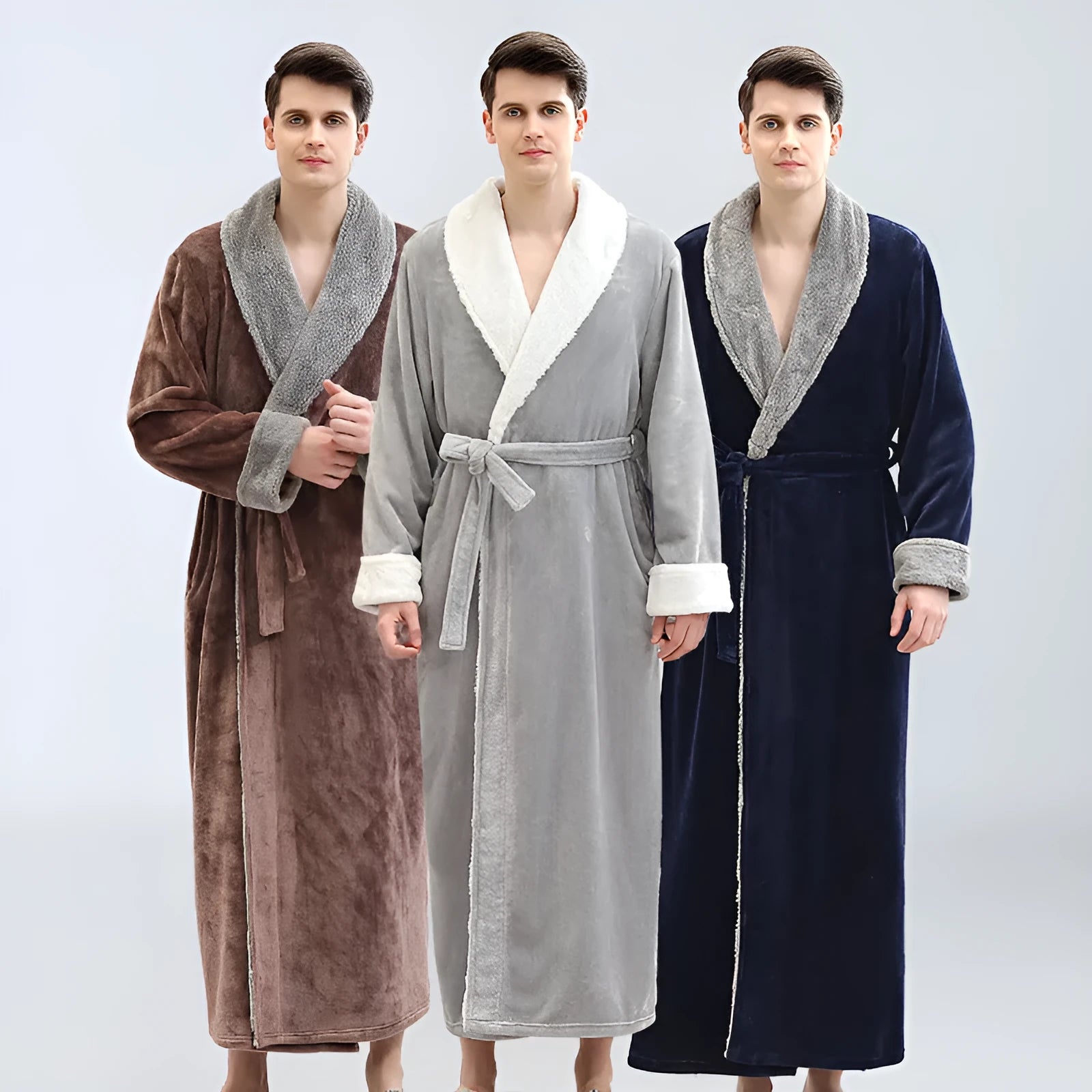Men's winter long bathrobe in coral fleece fabric, light grey colour, full length, plus size