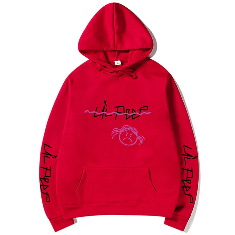 Lil Peep hoodie in beige with white word printing and three-dimensional patch pocket, plus-velvet lining inside
