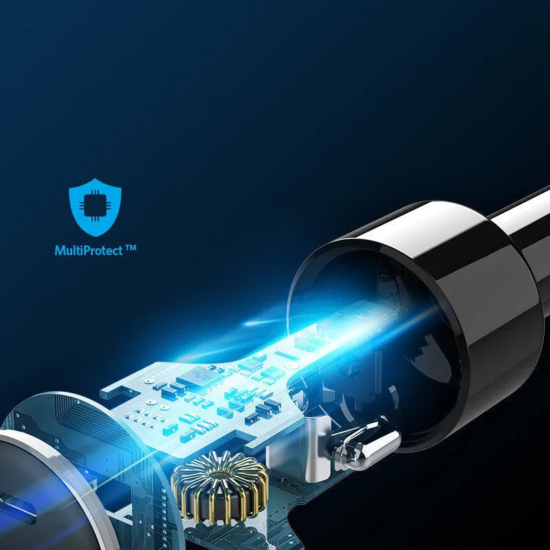 High-power fast charging car charger with dual USB ports, 63x35x35mm size, for 12-24V vehicles