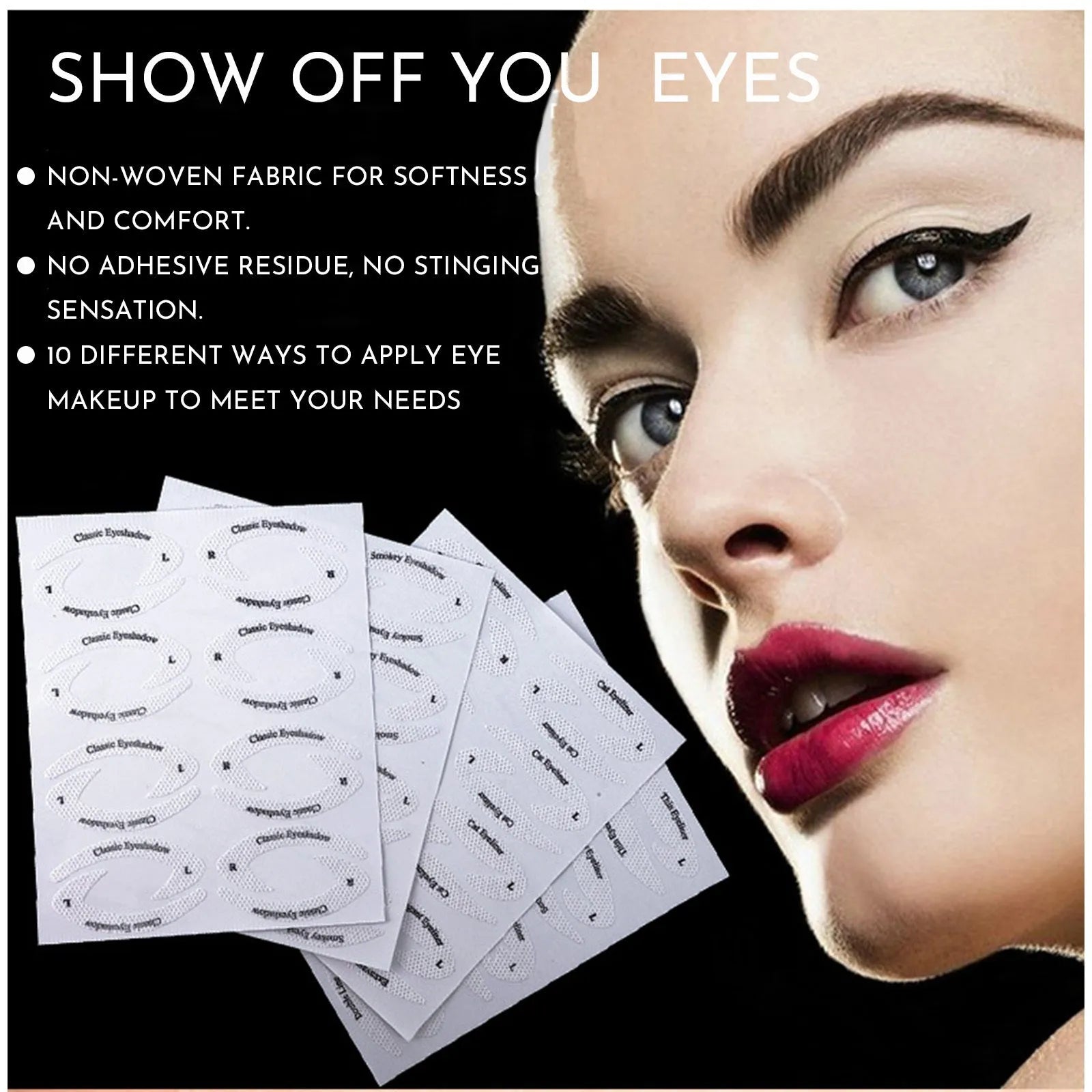 Set of four reusable, flexible plastic eyeliner and eyeshadow makeup stencils on a pink background