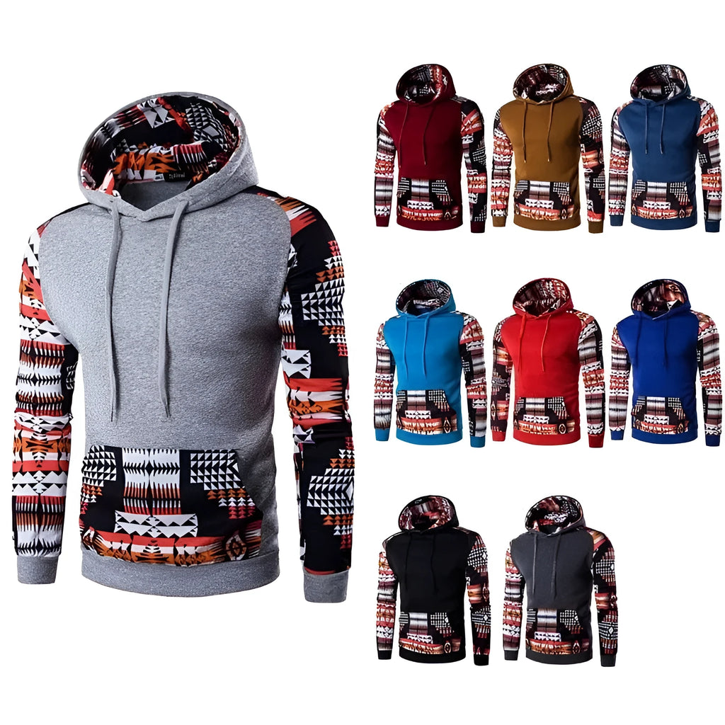 Men's Aztec pattern hoodie in grey with geometric print and hood, front view