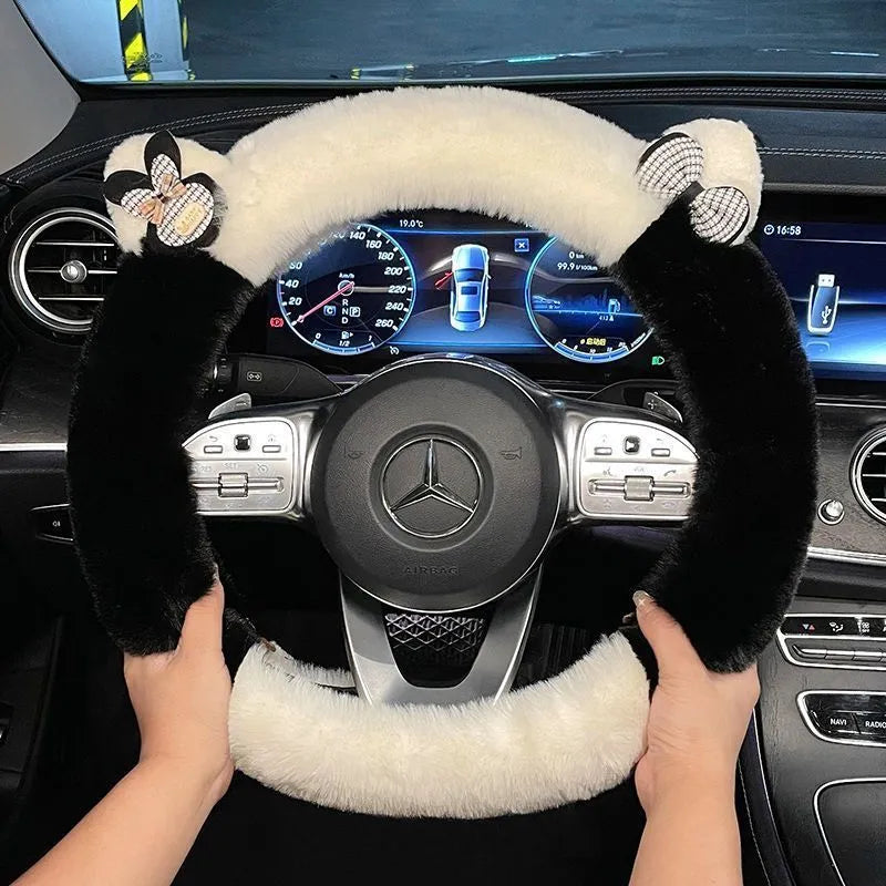 Plush steering wheel cover with cute cartoon panda ears in milk tea white for 38cm diameter steering wheels