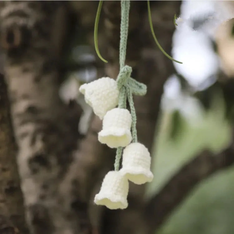 Green and white knitted car plant ornament with 8cm basin base and hanging rope for vehicle interiors