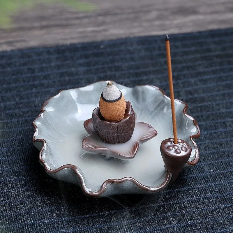 Square purple clay ceramic reverse flow incense burner with lotus and plum blossom good luck patterns
