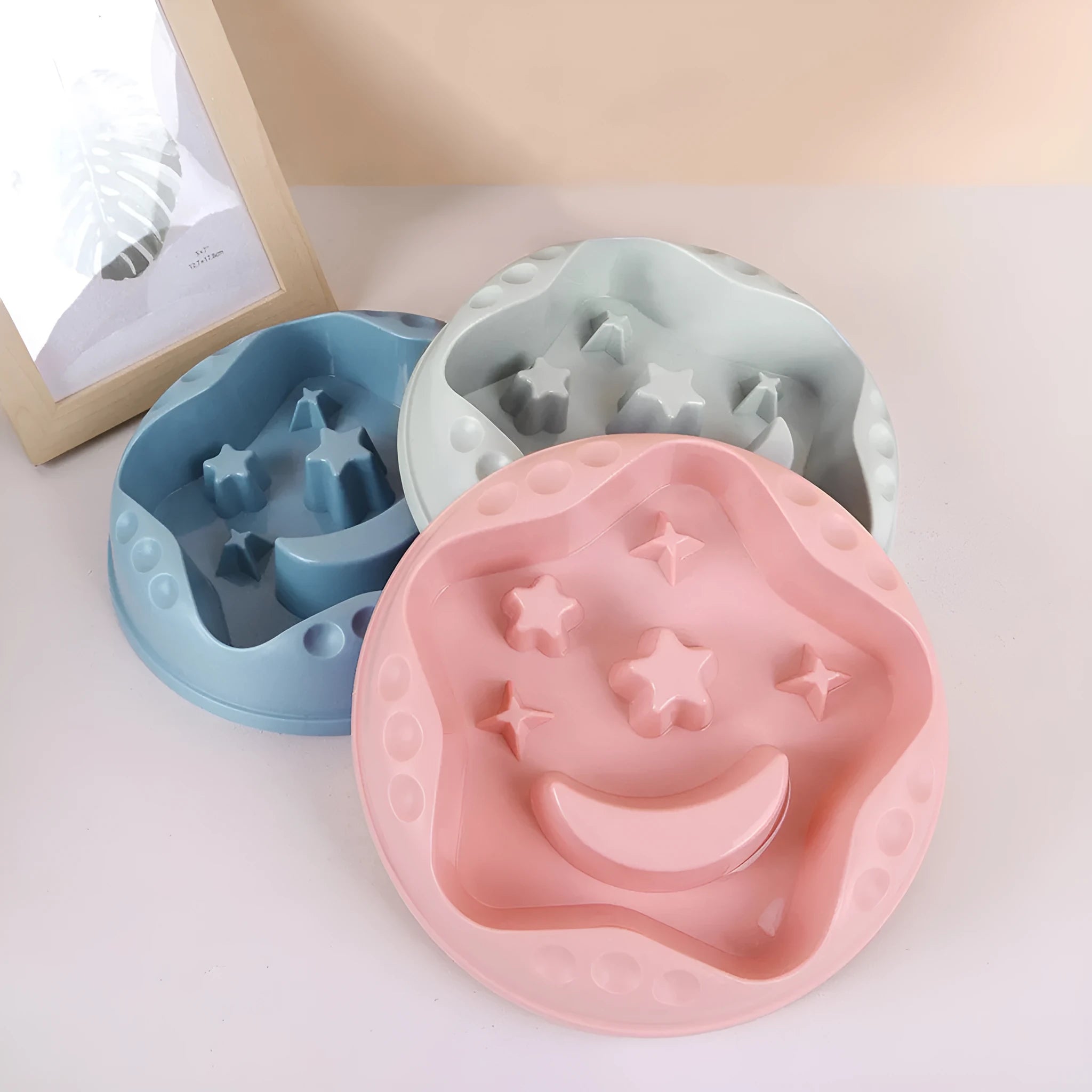 Ceramic slow feeder dog bowl with moon star wings design in blue colour