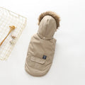 Hooded cotton coat dog clothing in beige on a small dog with an adjustable hood and button closure