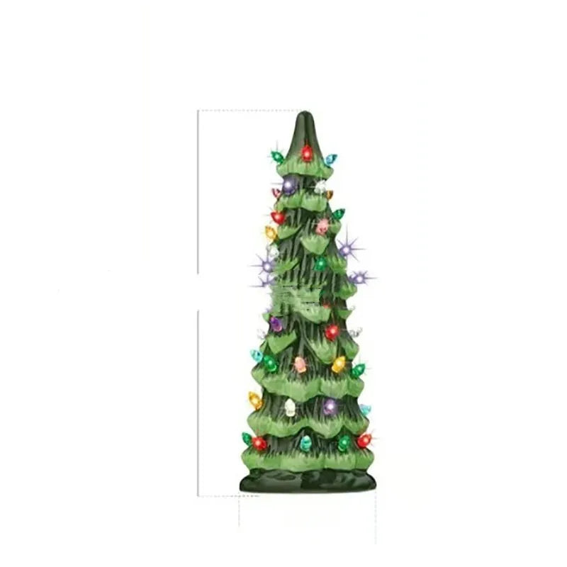 A European-style resin Christmas tree ornament with integrated coloured or warm LED lights, shown in 20cm, 25cm, and 30cm sizes.