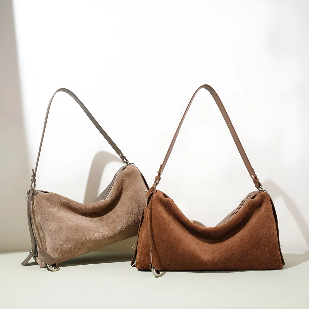 Cowhide tote handbag in chocolate, caramel or milk tea with single shoulder strap and internal file bag