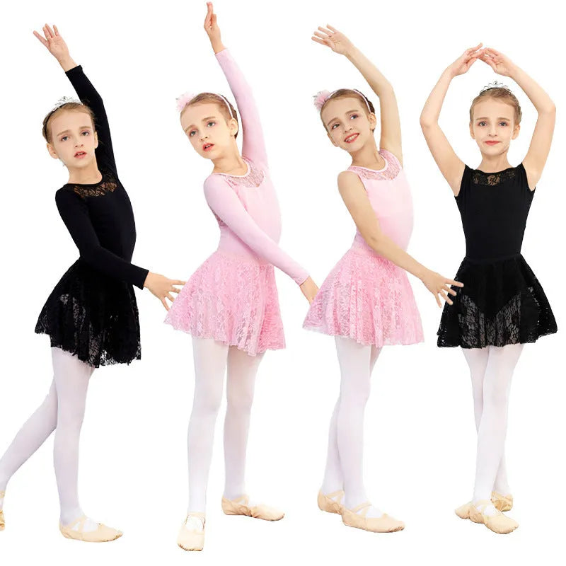 Girls ballet dancewear short sleeve Lycra cotton practice outfit with lace mesh in black pink or wine red