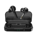 Black and white true wireless earbuds with charging case, showing discreet in-ear design for sports and daily use.