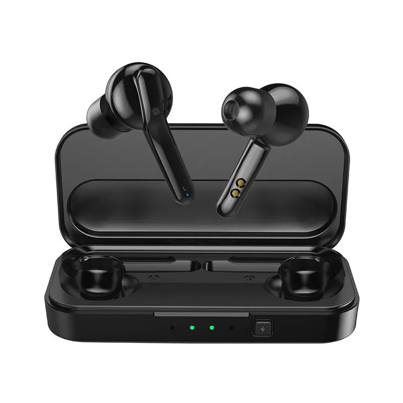 Black and white true wireless earbuds with charging case, showing discreet in-ear design for sports and daily use.