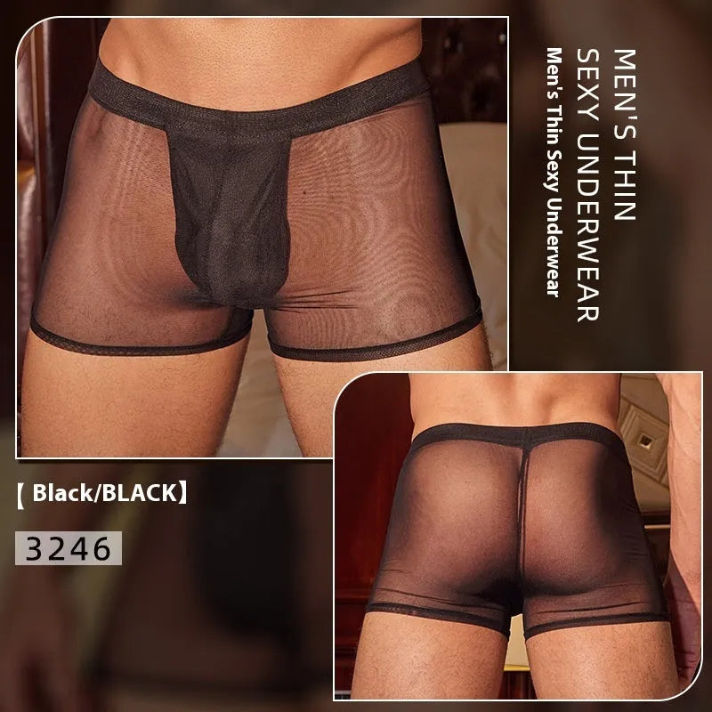 Black and white men's nylon boxer briefs laid flat showing thin fabric.
