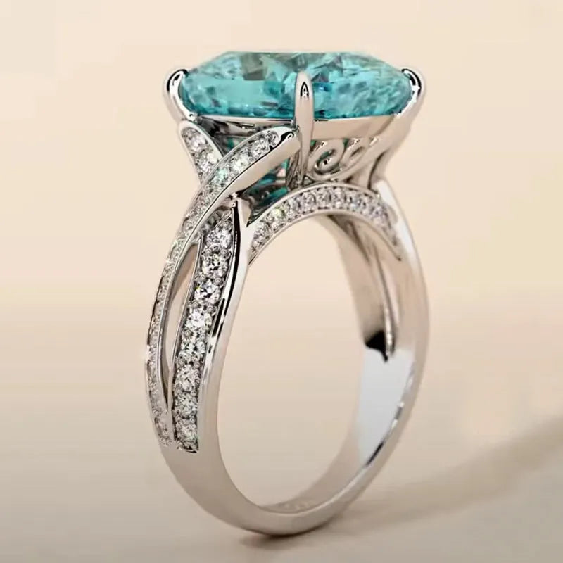 Blue cubic zirconia square women's fashion ring on adjustable metal band