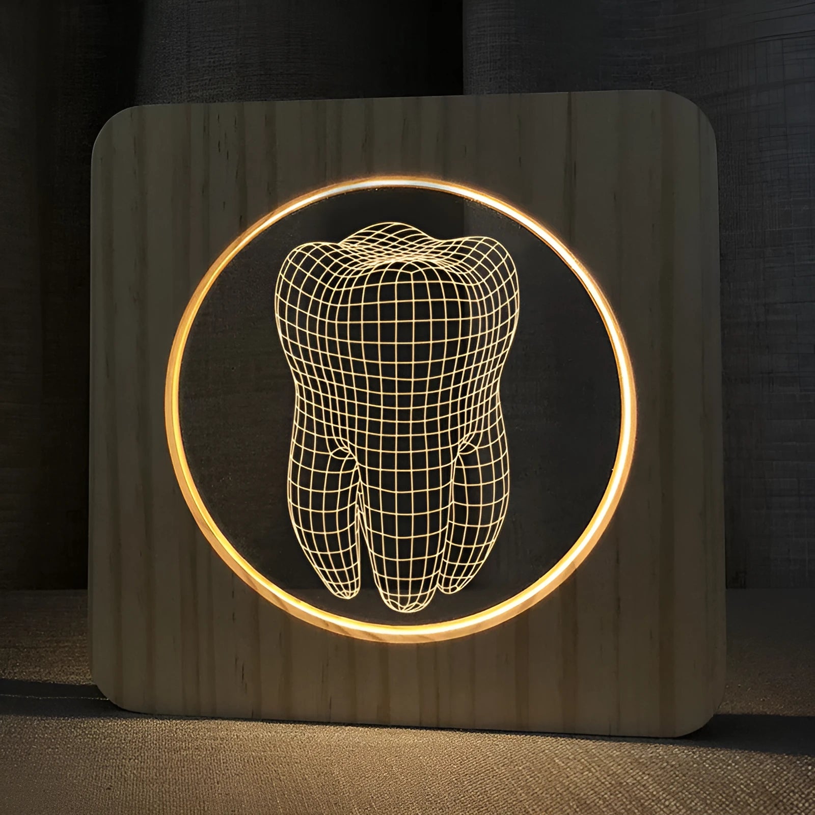 Tooth shaped night lamp with wood acrylic finish, shown with USB cable.