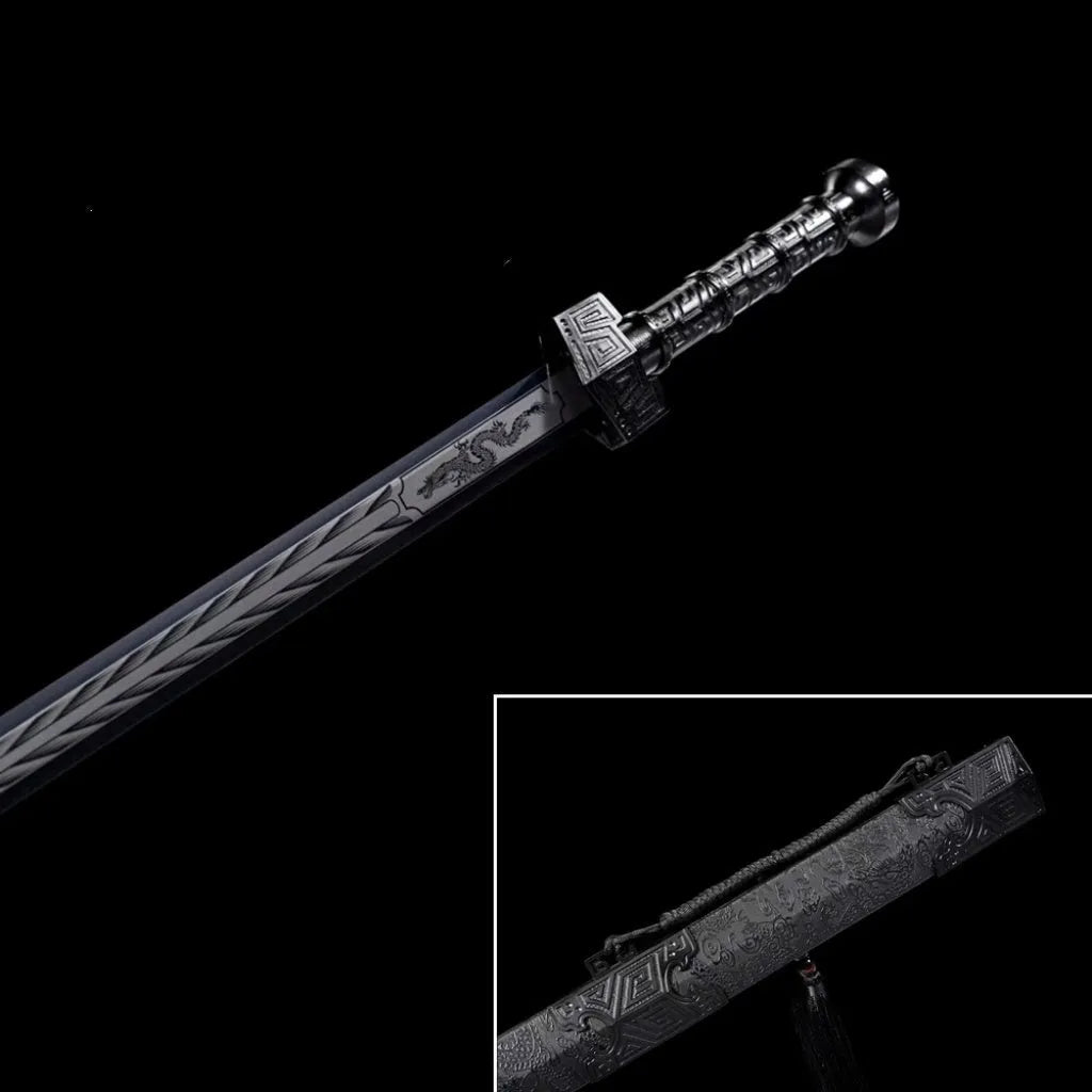 King Of Qin Sword with high manganese steel blade, 102cm overall, unsharpened, in leather-covered scabbard