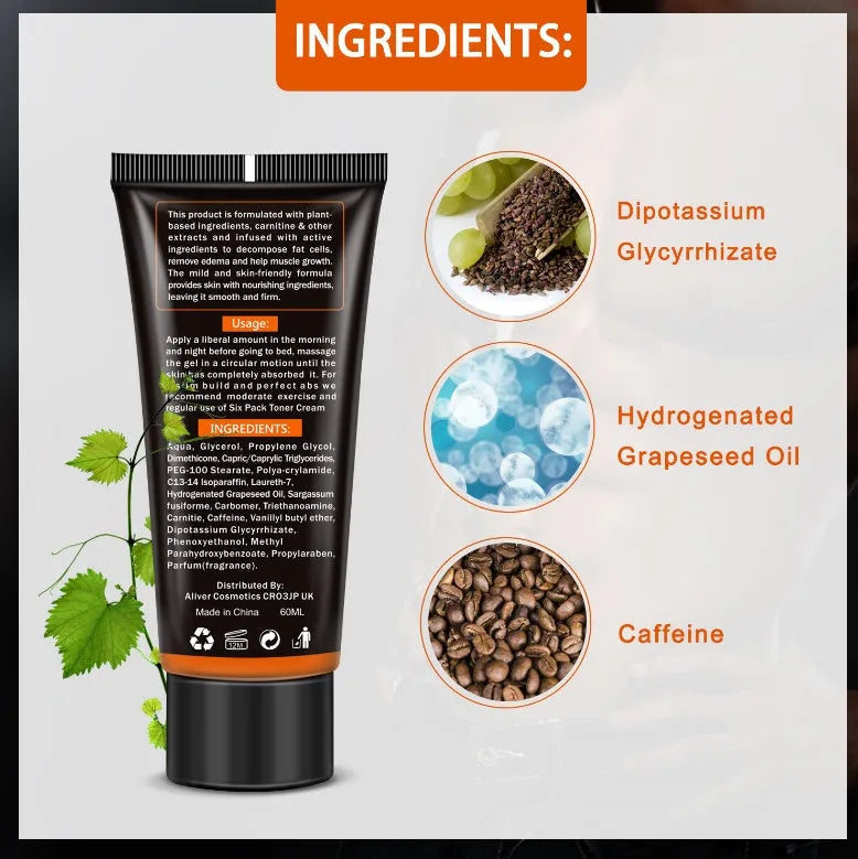60mL Abdominal Muscle Cream tube with black packaging, featuring caffeine and Sargassum extract for slimming and firming