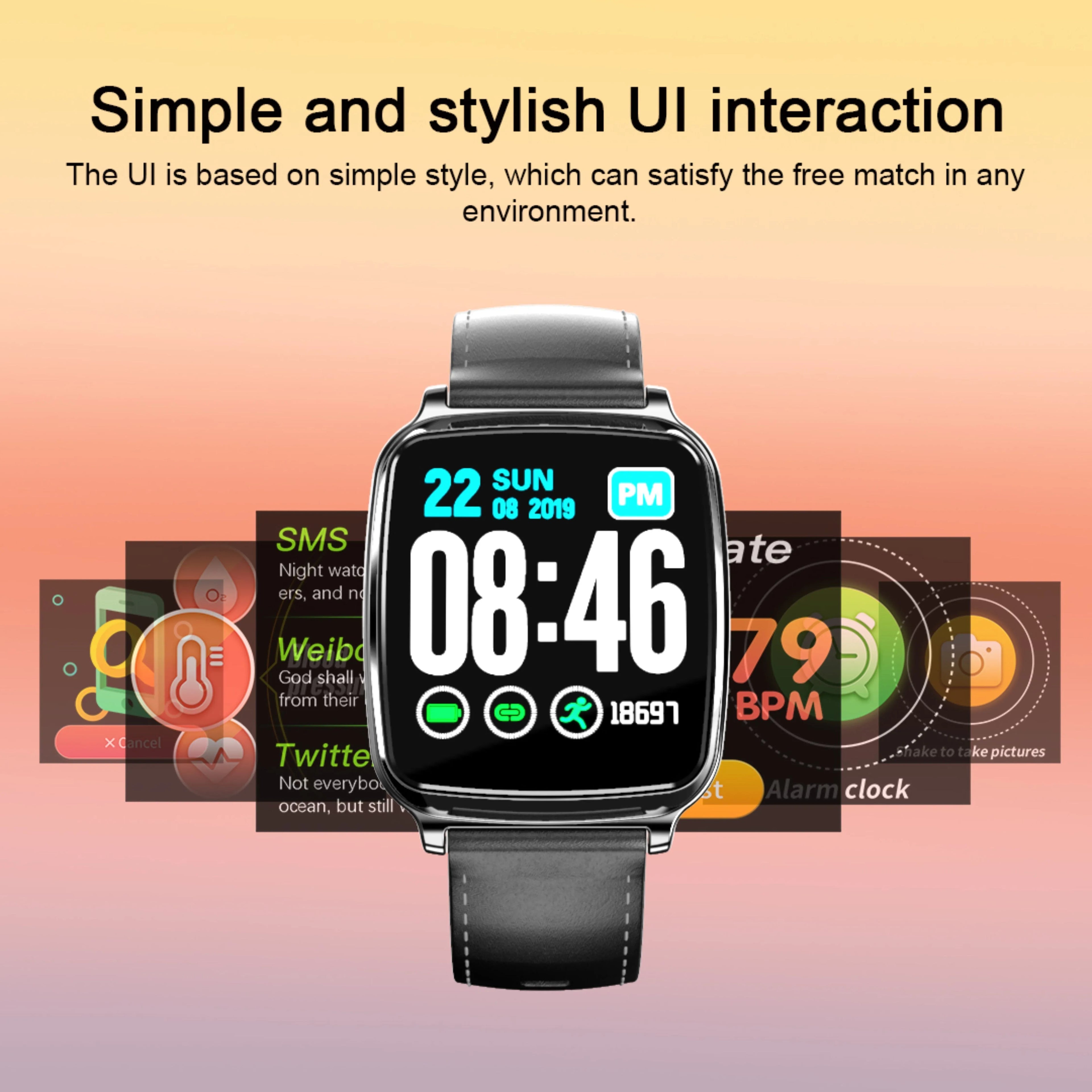 M8 smart fitness bracelet in black with zinc alloy body and TPU strap on a wrist, displaying heart rate data.