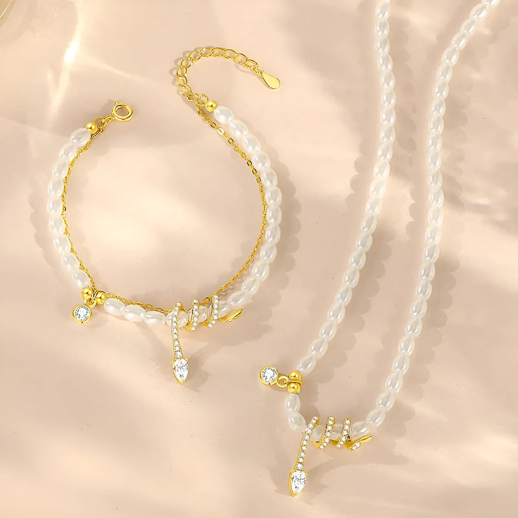 Pearl snake beaded bracelet with 925 silver construction and electroplated gold finish options