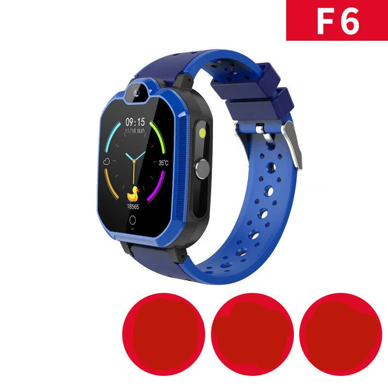 Blue children's smart watch with a silicone strap showing a video call screen and GPS location map.