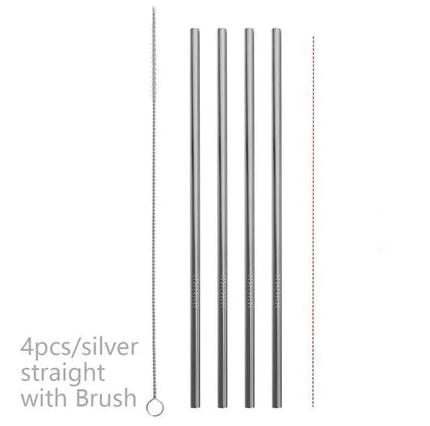 Set of four colourful reusable stainless steel straws in straight and bent styles with a cleaning brush.