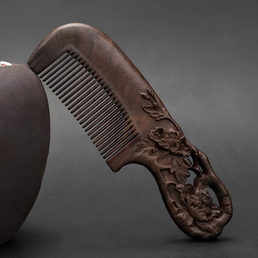Wooden double-sided carved comb with handle, 180mm, ebony finish, classical Chinese design
