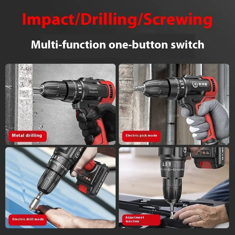 Brushless electric drill with 10mm chuck, 21V rechargeable battery, and impact function on white background