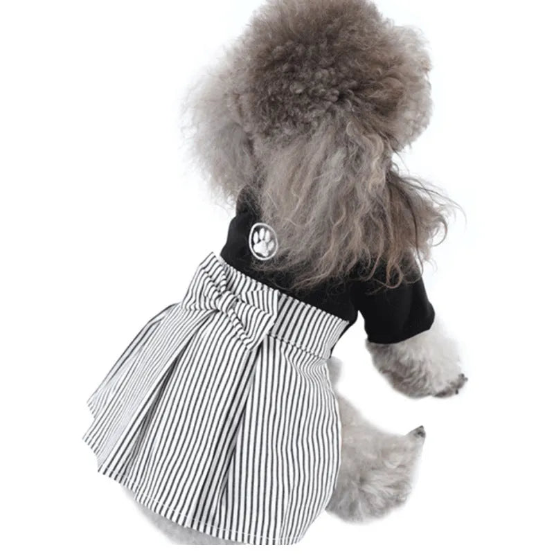 Thin cotton dog clothes for poodles in skirt and four-foot pants styles, shown in S, M, L, XL sizes.