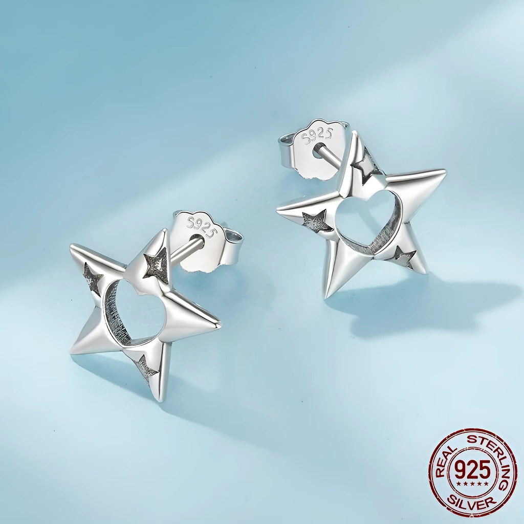 S925 sterling silver hollow pentagram star stud earrings, polished finish, SCE1886 colour, on white background