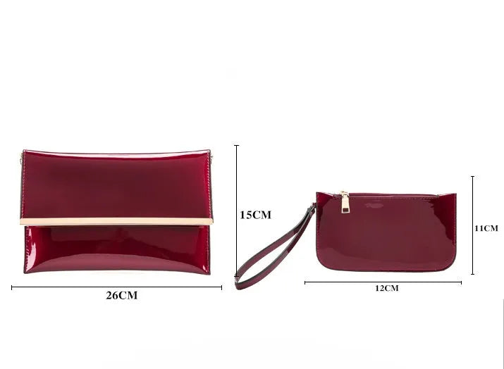 Three soft patent leather handbags in solid colours for women, shoulder and crossbody style with zipper closure