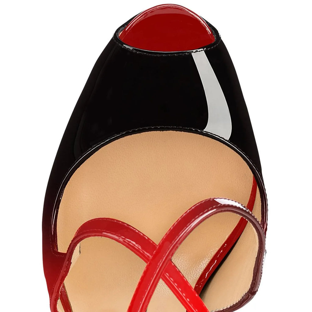 Women's black and red peep toe high heel shoes with cross straps and 8cm+ rubber sole heels