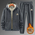 Men's grey casual sports suit featuring hooded sweater and matching trousers in thickening fleece blend fabric