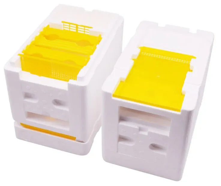 Three white EPS foam mini delivery boxes for bee queen mating and hive breeding.