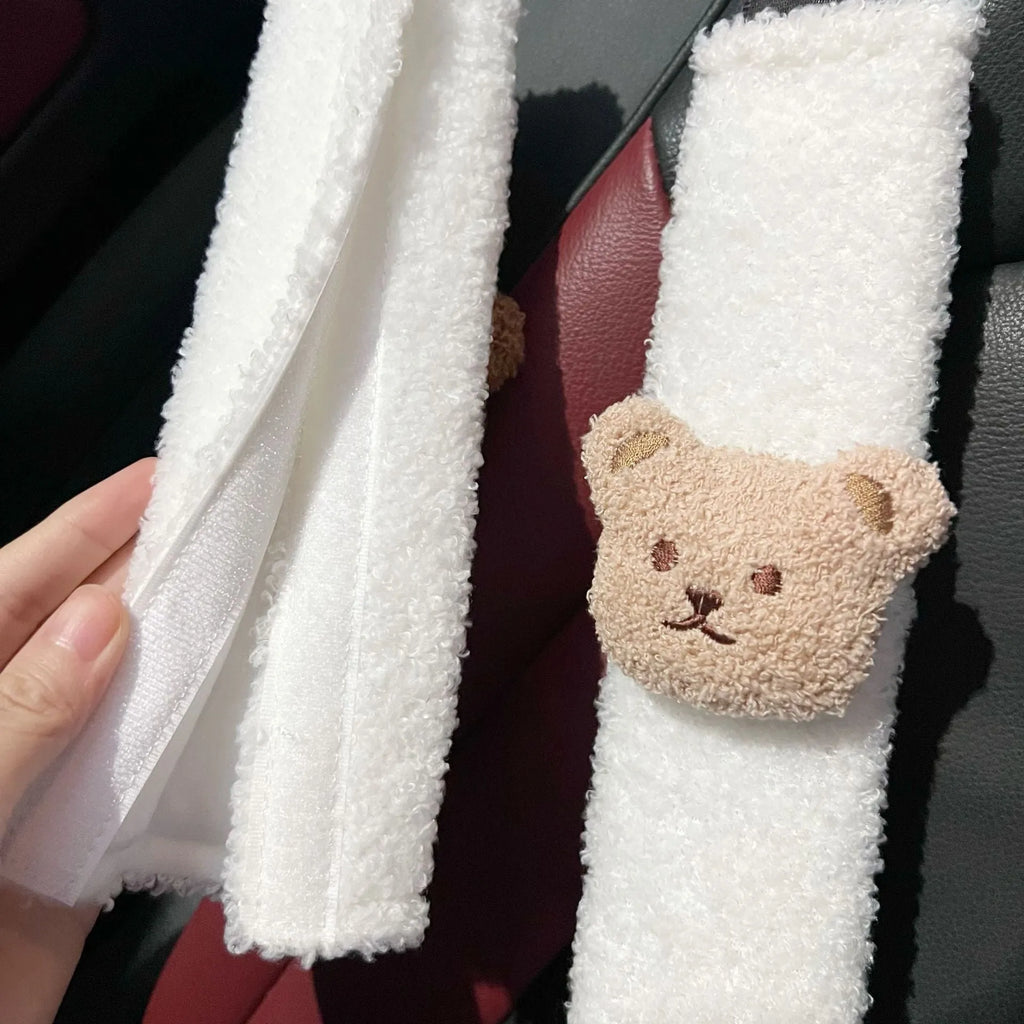 Cartoon bear plush baby car seat belt protective cover showing khaki and coffee colour options