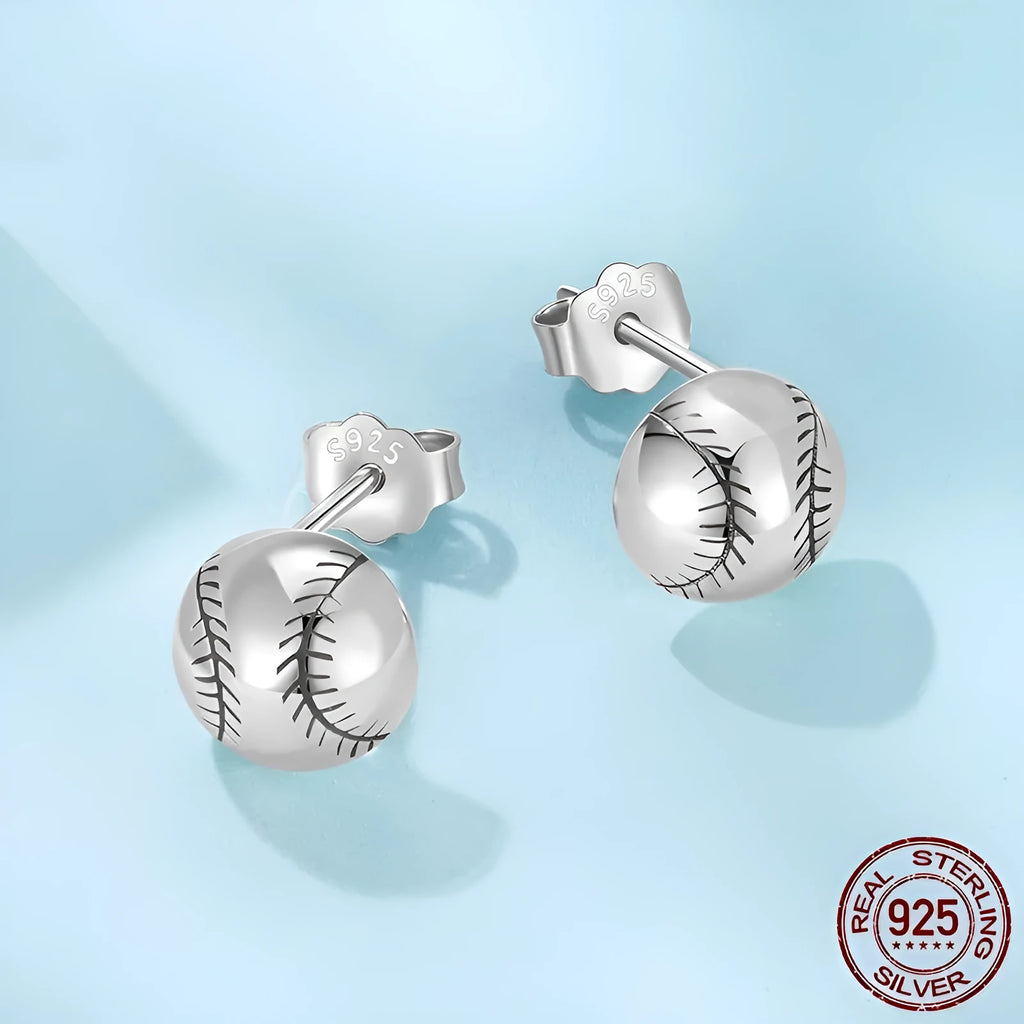 S925 sterling silver baseball stud earrings polished finish silver colour on white background